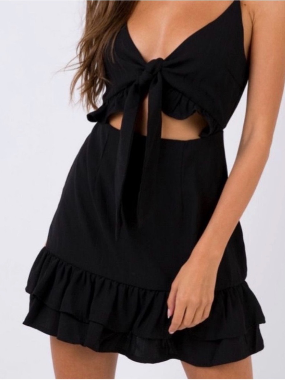 Princess Polly Black Tie-Front Ruffle Mini Dress